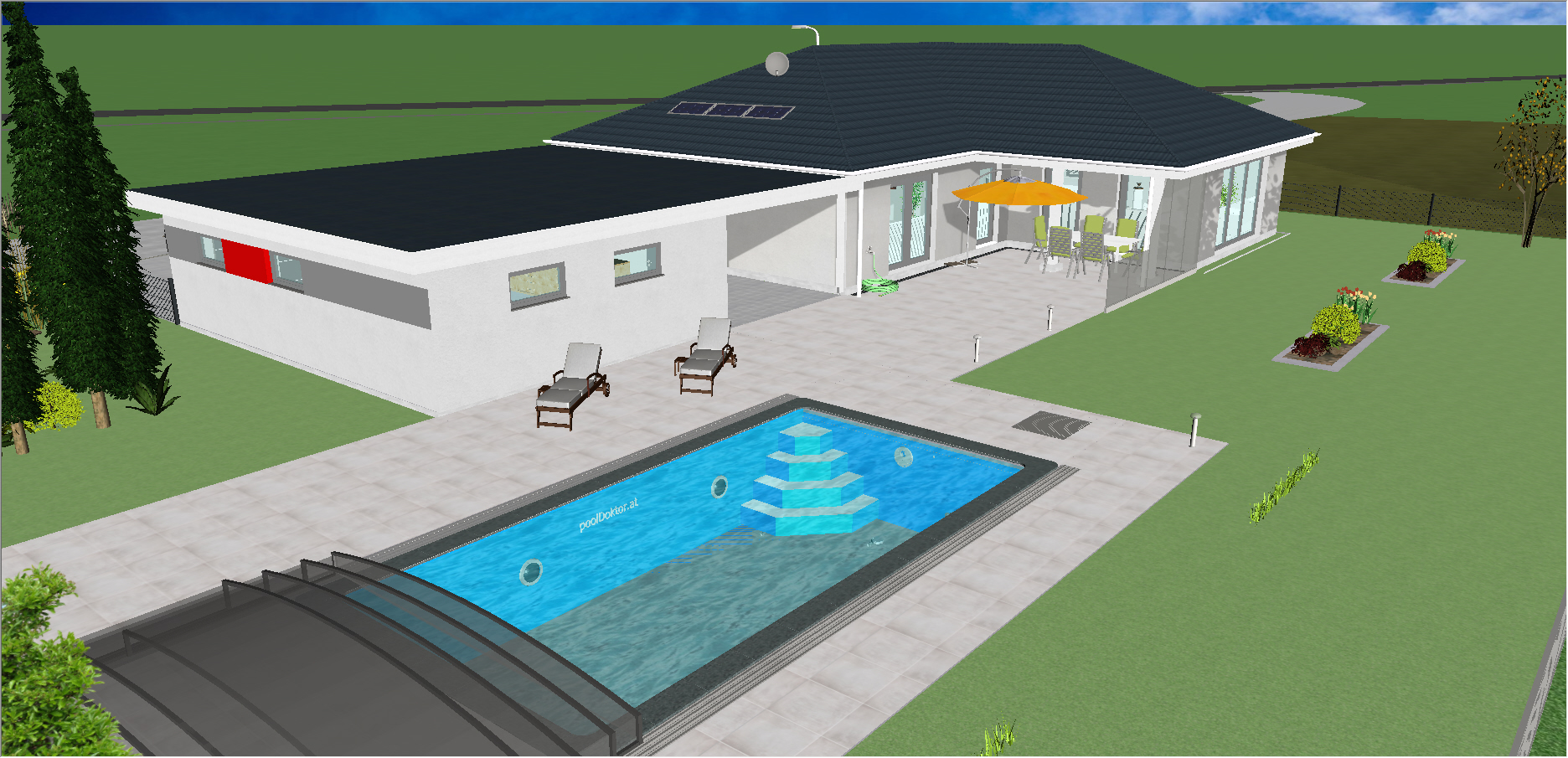 Bau, Danwood, Bungalow mit Garage, Pool, 3-D, Zeichnung